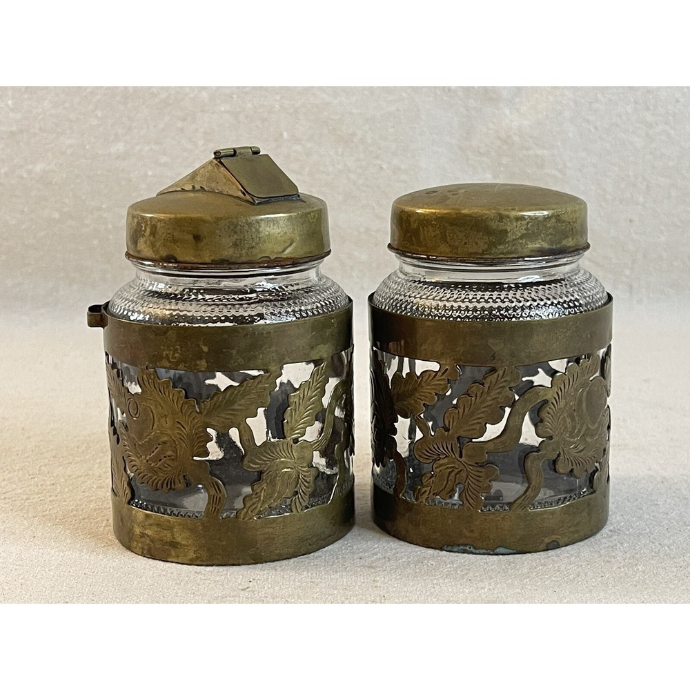 Taxco Mexico Brass‎ Overlay Cut Out Sleeve Clear Glass Sugar/Cocoa Jars (2)